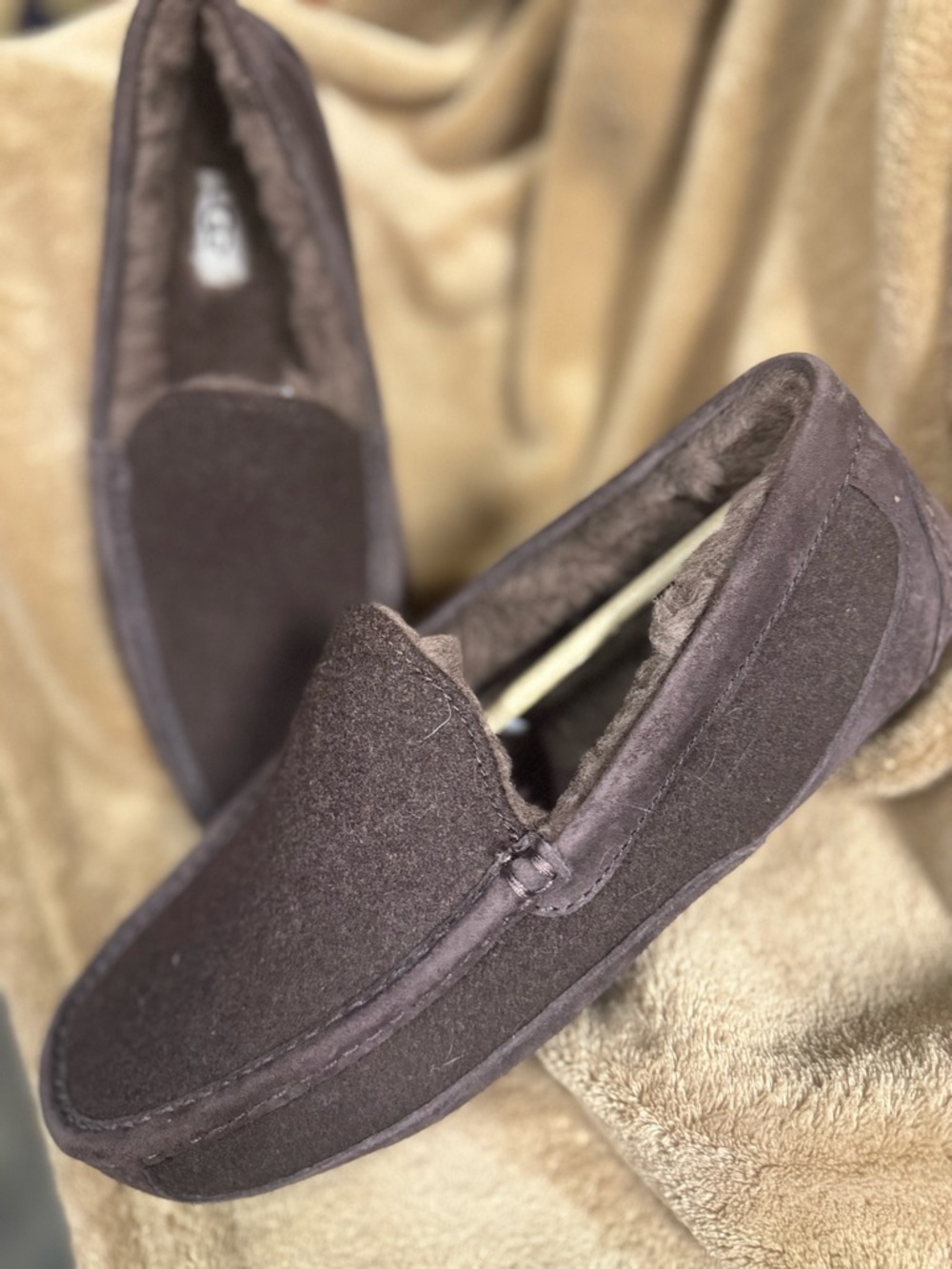 UGG Men's Chocolate Brown Suede Shearling Slip-On Loafers